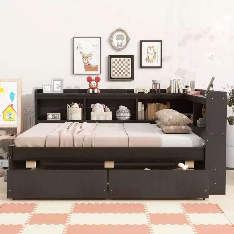 Letto matrimoniale full size a L con librerie, prese elettriche, porte USB per la ricarica, due cassetti, letto matrimoniale full size a L con librerie color espresso