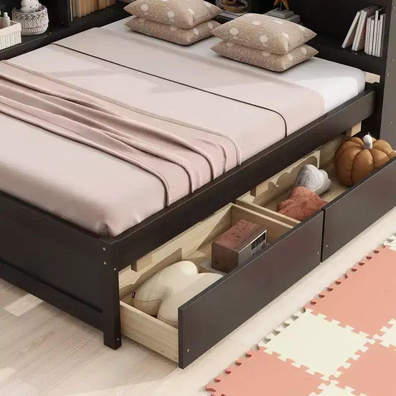 Letto matrimoniale full size a L con librerie, prese elettriche, porte USB per la ricarica, due cassetti, letto matrimoniale full size a L con librerie color espresso