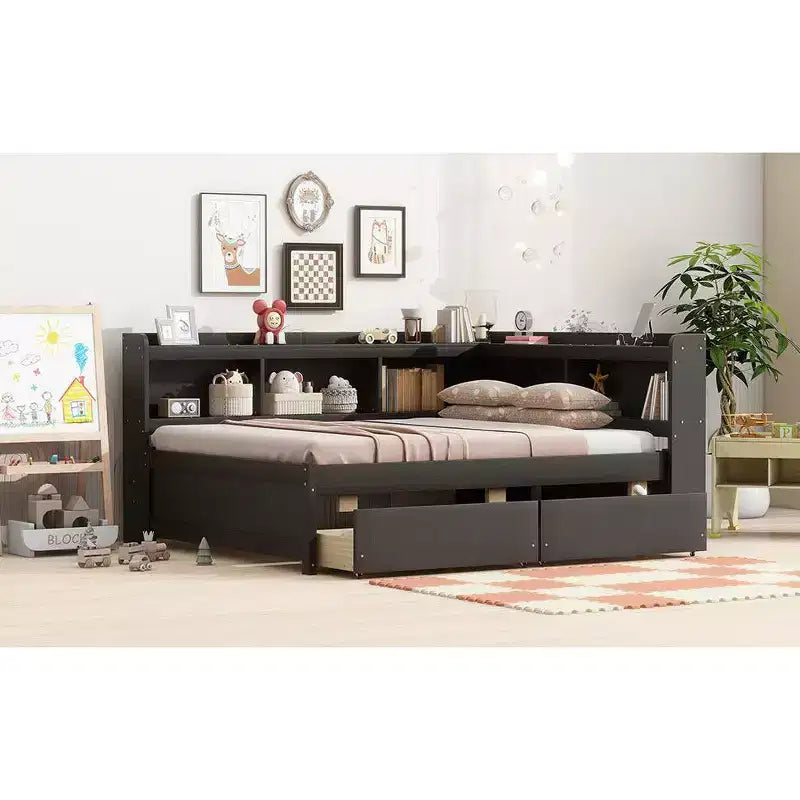 Letto matrimoniale full size a L con librerie, prese elettriche, porte USB per la ricarica, due cassetti, letto matrimoniale full size a L con librerie color espresso
