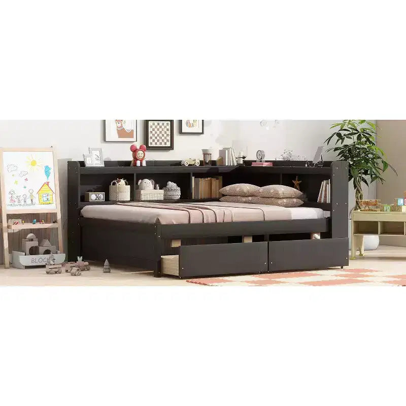 Letto matrimoniale full size a L con librerie, prese elettriche, porte USB per la ricarica, due cassetti, letto matrimoniale full size a L con librerie color espresso