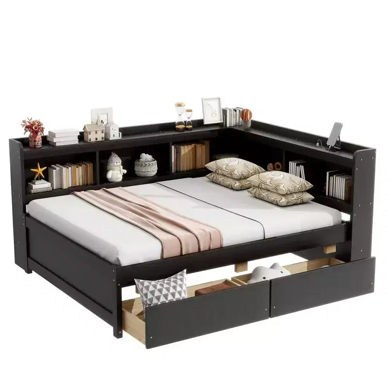 Letto matrimoniale full size a L con librerie, prese elettriche, porte USB per la ricarica, due cassetti, letto matrimoniale full size a L con librerie color espresso