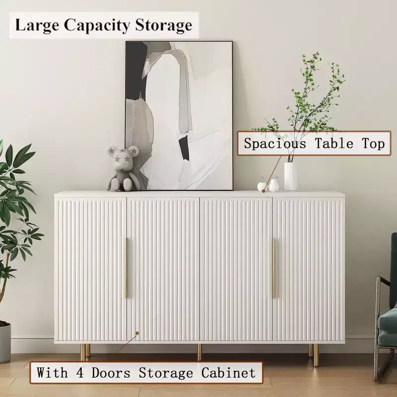 56.69-inch Modern Sideboard with Storage Functionality Large Sideboard with Grooved Side Panels and Adjustable Shelves White