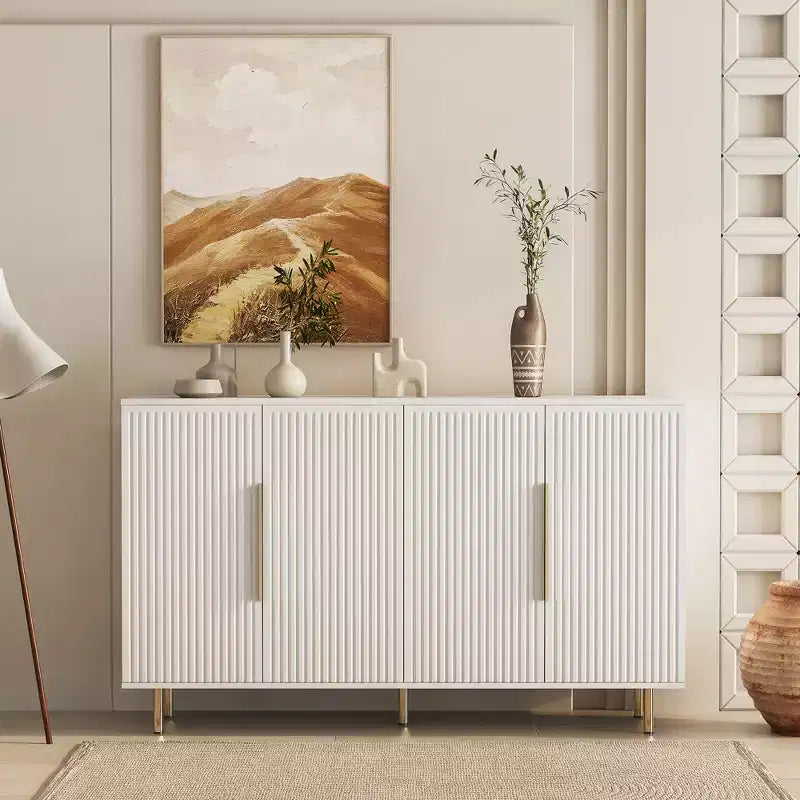 56.69-inch Modern Sideboard with Storage Functionality Large Sideboard with Grooved Side Panels and Adjustable Shelves White