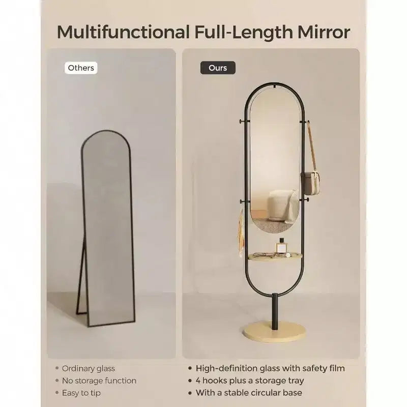 Specchio da terra a figura intera, design premiato 3 in 1. In beige rovere e nero inchiostro, per arredare soggiorno e camera da letto