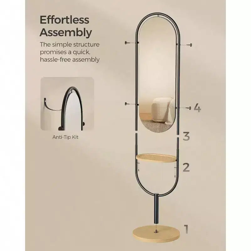 Specchio da terra a figura intera, design premiato 3 in 1. In beige rovere e nero inchiostro, per arredare soggiorno e camera da letto