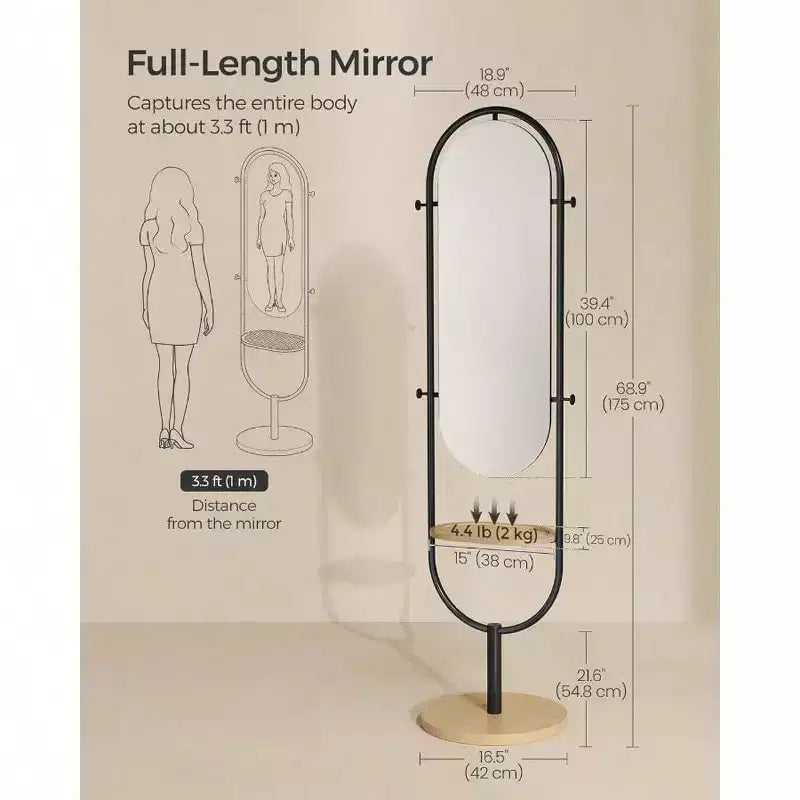 Specchio da terra a figura intera, design premiato 3 in 1. In beige rovere e nero inchiostro, per arredare soggiorno e camera da letto