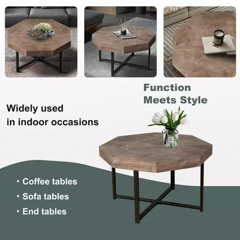 Tavolino da caffè vintage da 29.1 per soggiorno, tavolino centrale ottagonale in legno con base incrociata in acciaio, tavolino da cocktail da 30 Inch