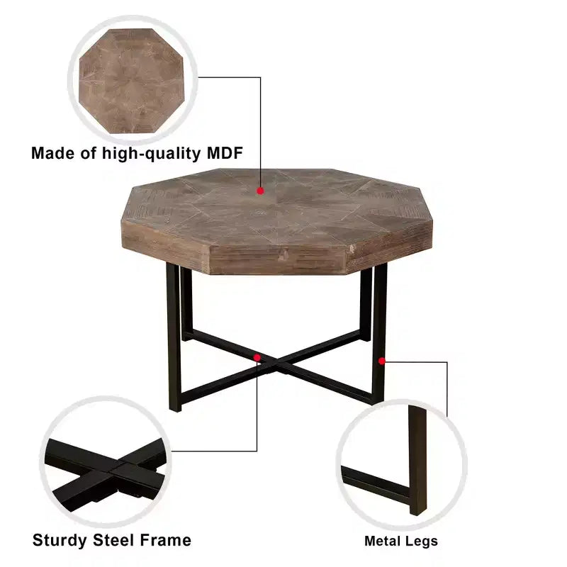 Tavolino da caffè vintage da 29.1 per soggiorno, tavolino centrale ottagonale in legno con base incrociata in acciaio, tavolino da cocktail da 30 Inch