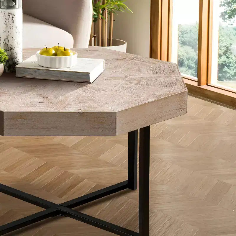 Tavolino da caffè vintage da 29.1 per soggiorno, tavolino centrale ottagonale in legno con base incrociata in acciaio, tavolino da cocktail da 30 Inch