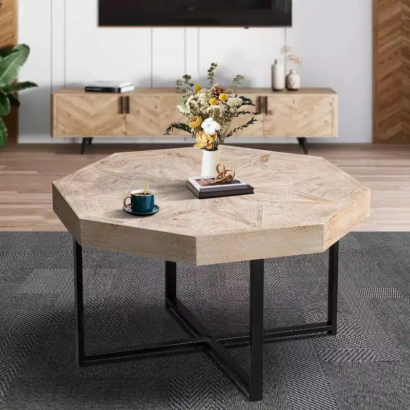 Tavolino da caffè vintage da 29.1 per soggiorno, tavolino centrale ottagonale in legno con base incrociata in acciaio, tavolino da cocktail da 30 Inch