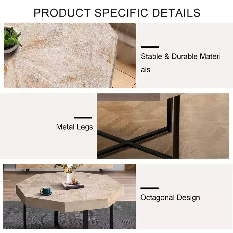 Tavolino da caffè vintage da 29.1 per soggiorno, tavolino centrale ottagonale in legno con base incrociata in acciaio, tavolino da cocktail da 30 Inch