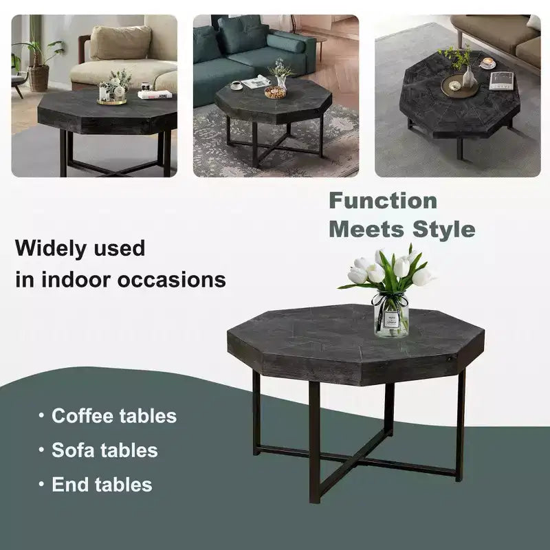Tavolino da caffè vintage da 29.1 per soggiorno, tavolino centrale ottagonale in legno con base incrociata in acciaio, tavolino da cocktail da 30 Inch