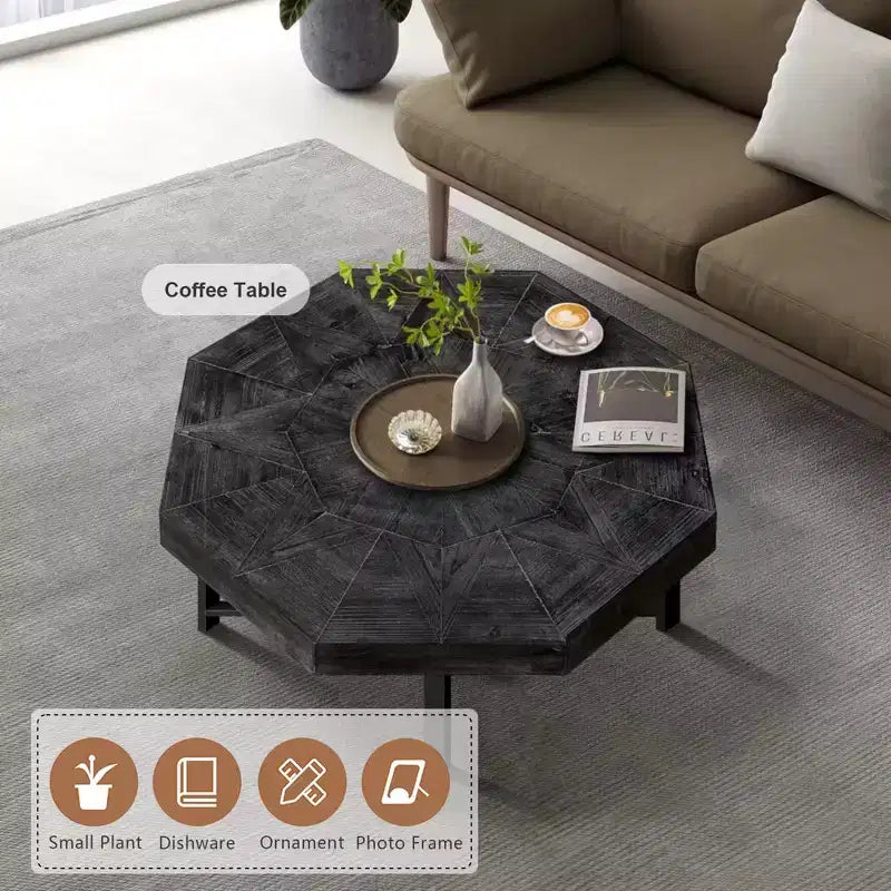 Tavolino da caffè vintage da 29.1 per soggiorno, tavolino centrale ottagonale in legno con base incrociata in acciaio, tavolino da cocktail da 30 Inch