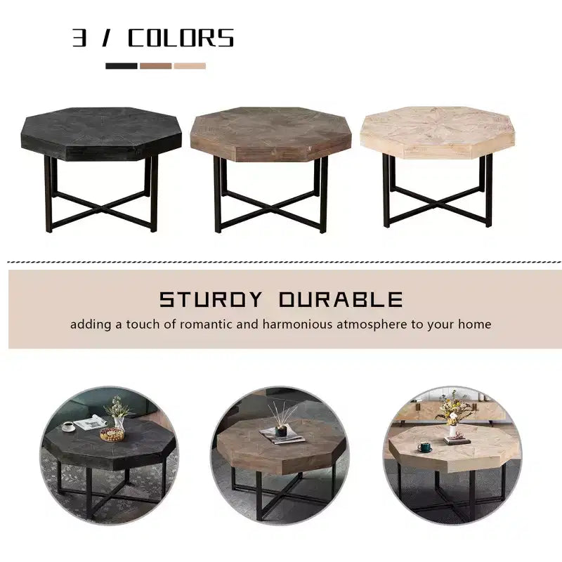 Tavolino da caffè vintage da 29.1 per soggiorno, tavolino centrale ottagonale in legno con base incrociata in acciaio, tavolino da cocktail da 30 Inch