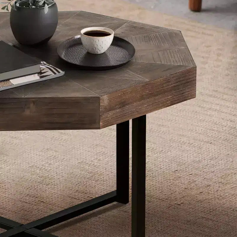 Tavolino da caffè vintage da 29.1 per soggiorno, tavolino centrale ottagonale in legno con base incrociata in acciaio, tavolino da cocktail da 30 Inch