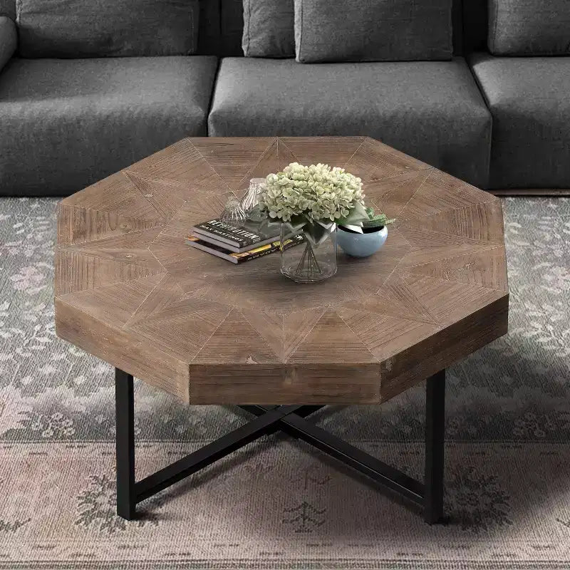Tavolino da caffè vintage da 29.1 per soggiorno, tavolino centrale ottagonale in legno con base incrociata in acciaio, tavolino da cocktail da 30 Inch