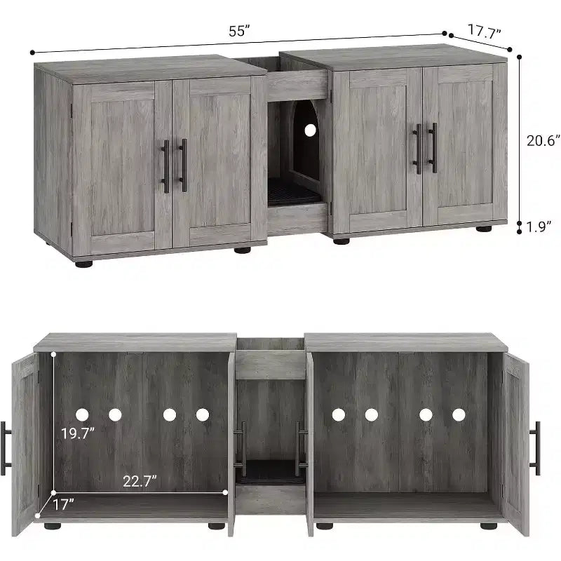 Mobile copri lettiera per gatti da 55 pollici, grande mobile 3-IN-1 con doppio vano, toilette per gatti in legno stile rustico, mobile contenitore per lettiera