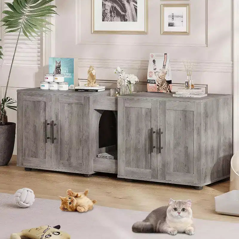 Mobile copri lettiera per gatti da 55 pollici, grande mobile 3-IN-1 con doppio vano, toilette per gatti in legno stile rustico, mobile contenitore per lettiera