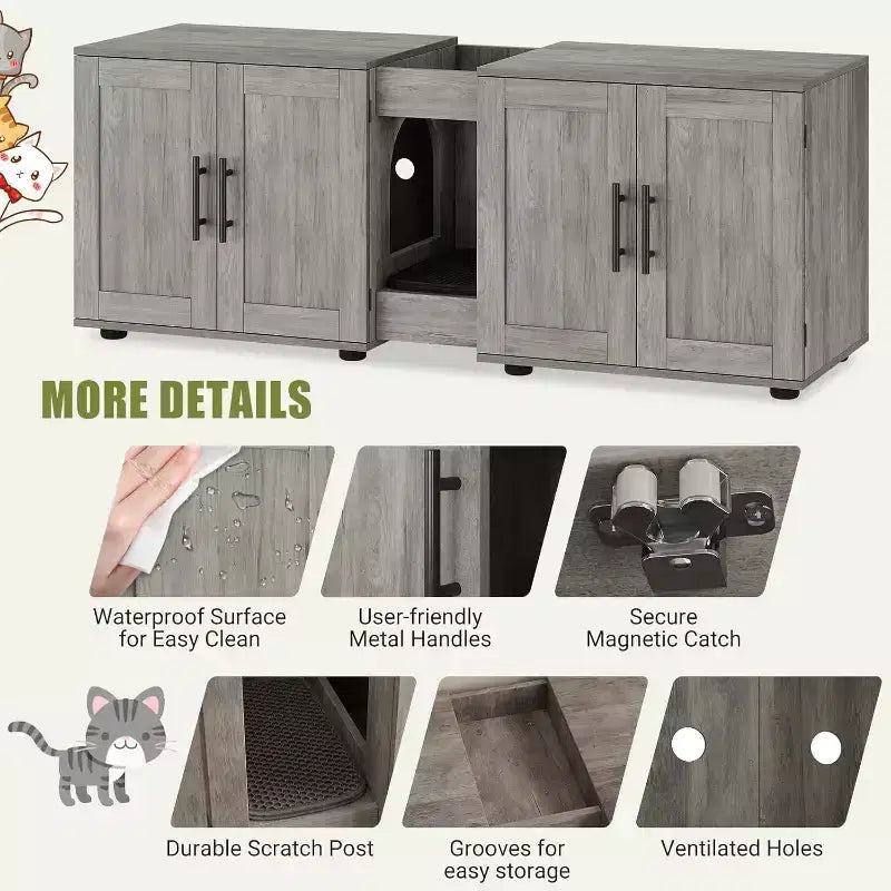 Mobile copri lettiera per gatti da 55 pollici, grande mobile 3-IN-1 con doppio vano, toilette per gatti in legno stile rustico, mobile contenitore per lettiera