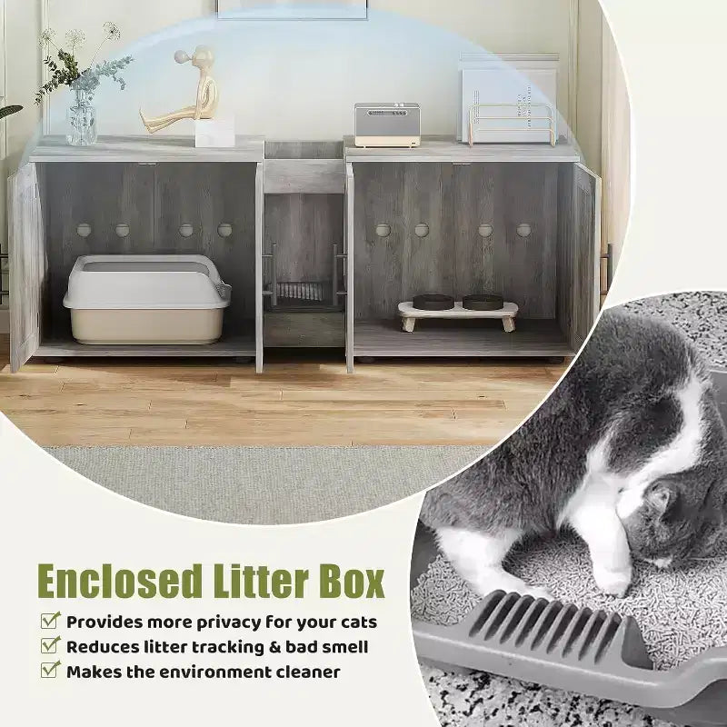 Mobile copri lettiera per gatti da 55 pollici, grande mobile 3-IN-1 con doppio vano, toilette per gatti in legno stile rustico, mobile contenitore per lettiera
