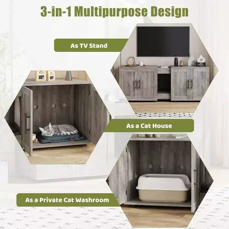 Mobile copri lettiera per gatti da 55 pollici, grande mobile 3-IN-1 con doppio vano, toilette per gatti in legno stile rustico, mobile contenitore per lettiera