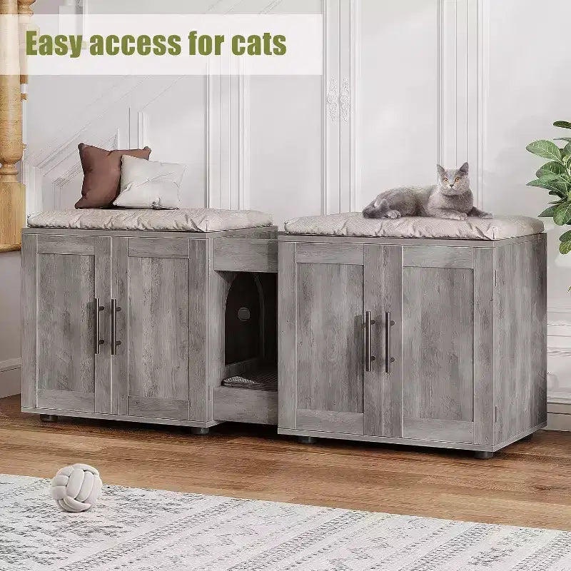Mobile copri lettiera per gatti da 55 pollici, grande mobile 3-IN-1 con doppio vano, toilette per gatti in legno stile rustico, mobile contenitore per lettiera
