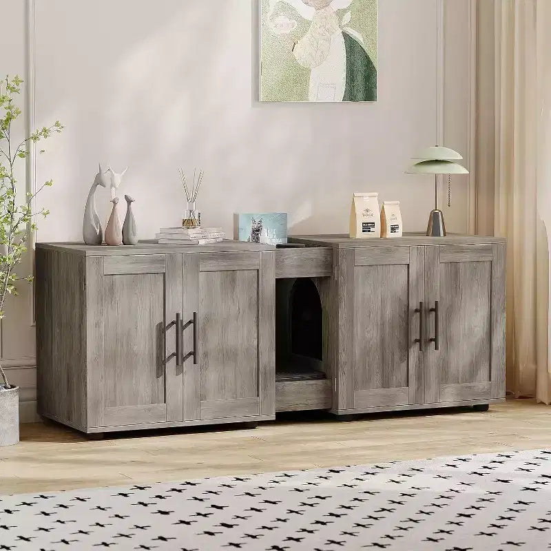 Mobile copri lettiera per gatti da 55 pollici, grande mobile 3-IN-1 con doppio vano, toilette per gatti in legno stile rustico, mobile contenitore per lettiera