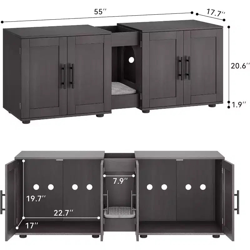 Mobile copri lettiera per gatti da 55 pollici, grande mobile 3-IN-1 con doppio vano, toilette per gatti in legno stile rustico, mobile contenitore per lettiera