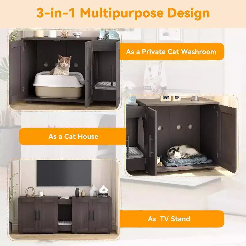 Mobile copri lettiera per gatti da 55 pollici, grande mobile 3-IN-1 con doppio vano, toilette per gatti in legno stile rustico, mobile contenitore per lettiera