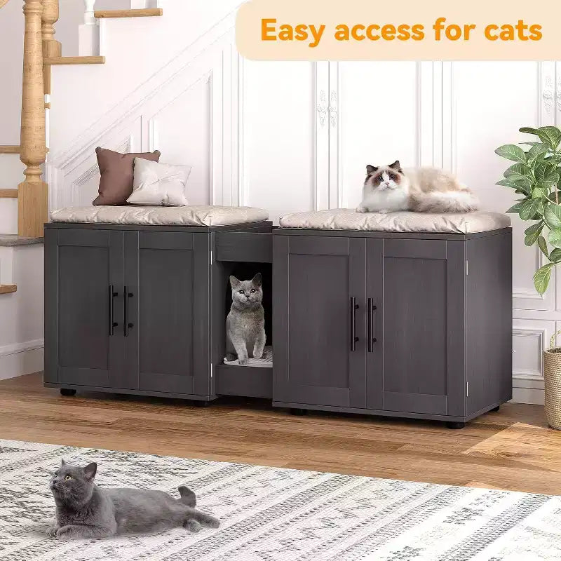 Mobile copri lettiera per gatti da 55 pollici, grande mobile 3-IN-1 con doppio vano, toilette per gatti in legno stile rustico, mobile contenitore per lettiera