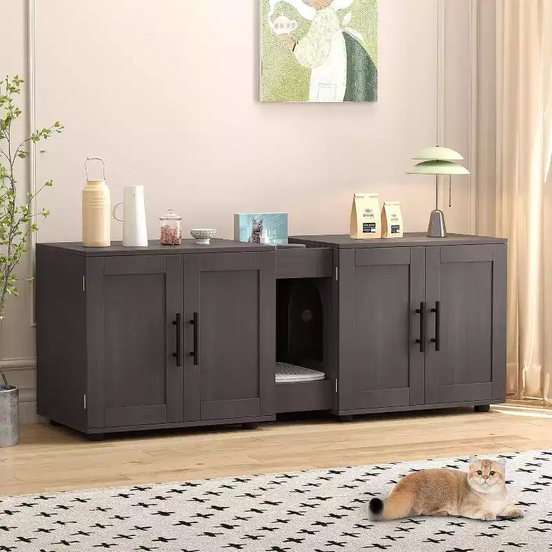 Mobile copri lettiera per gatti da 55 pollici, grande mobile 3-IN-1 con doppio vano, toilette per gatti in legno stile rustico, mobile contenitore per lettiera