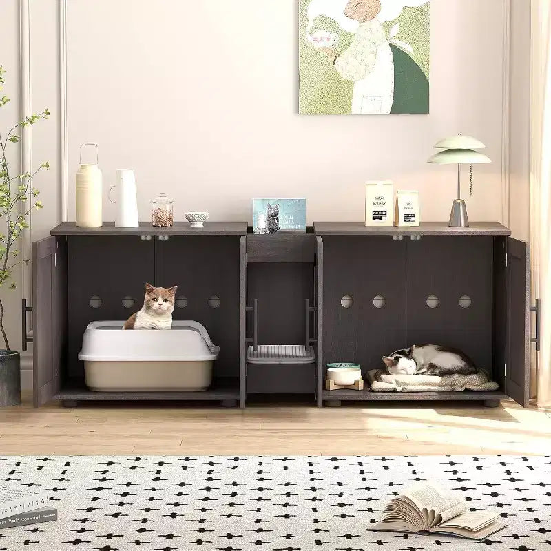 Mobile copri lettiera per gatti da 55 pollici, grande mobile 3-IN-1 con doppio vano, toilette per gatti in legno stile rustico, mobile contenitore per lettiera