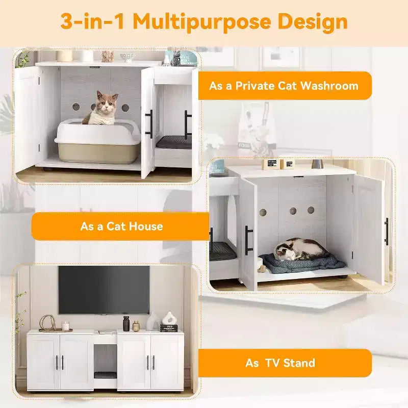 Mobile copri lettiera per gatti da 55 pollici, grande mobile 3-IN-1 con doppio vano, toilette per gatti in legno stile rustico, mobile contenitore per lettiera