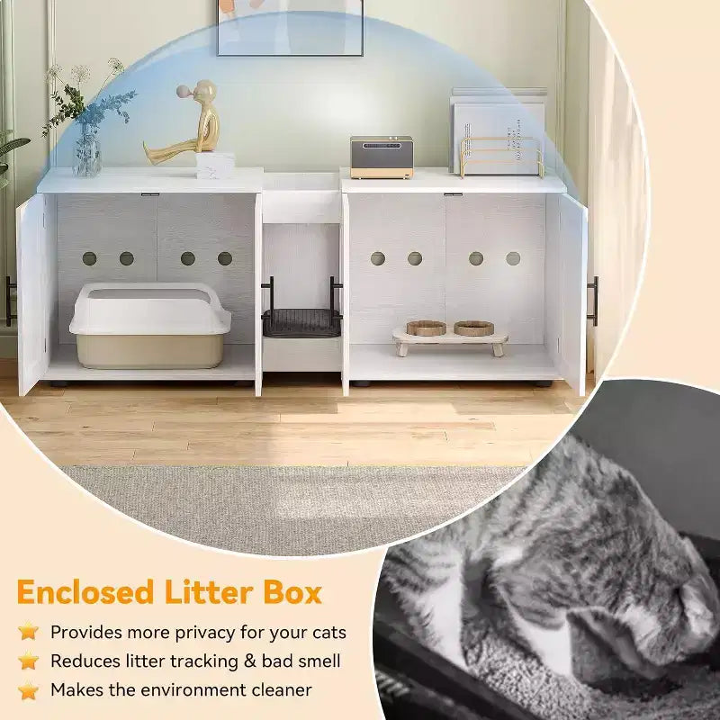 Mobile copri lettiera per gatti da 55 pollici, grande mobile 3-IN-1 con doppio vano, toilette per gatti in legno stile rustico, mobile contenitore per lettiera