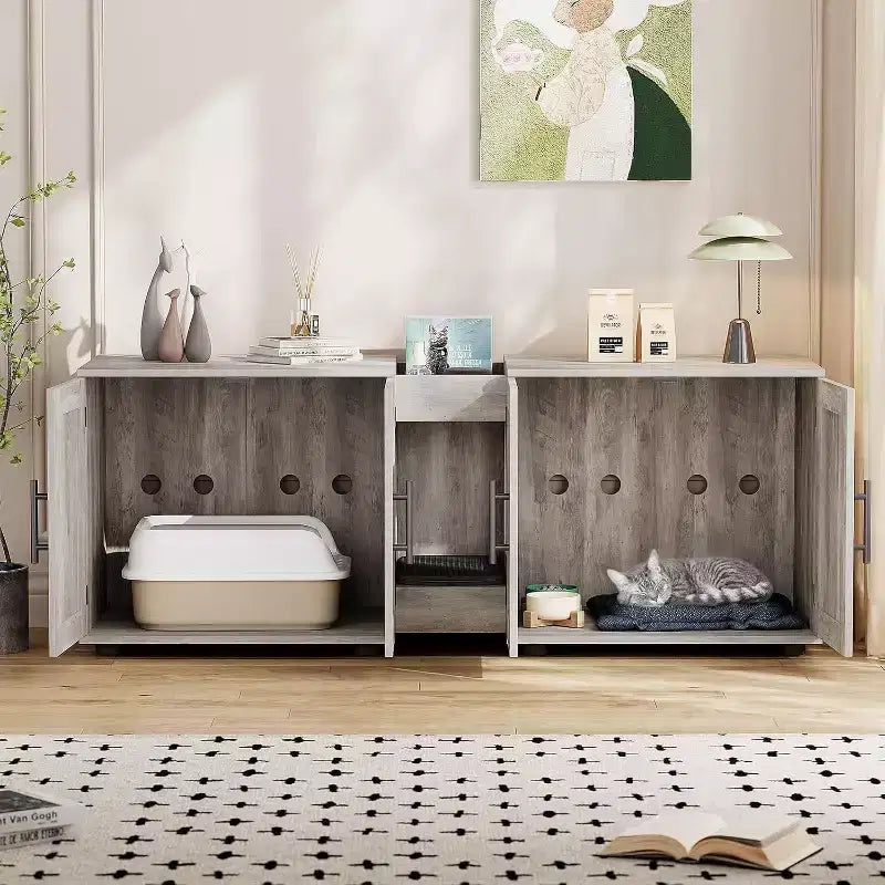 Obudowa kuwety dla kota 55 Inch, duża obudowa 3-IN-1 z dwiema komorami, drewniana kocia toaleta w stylu wiejskim, ukryty mebel na kuwetę