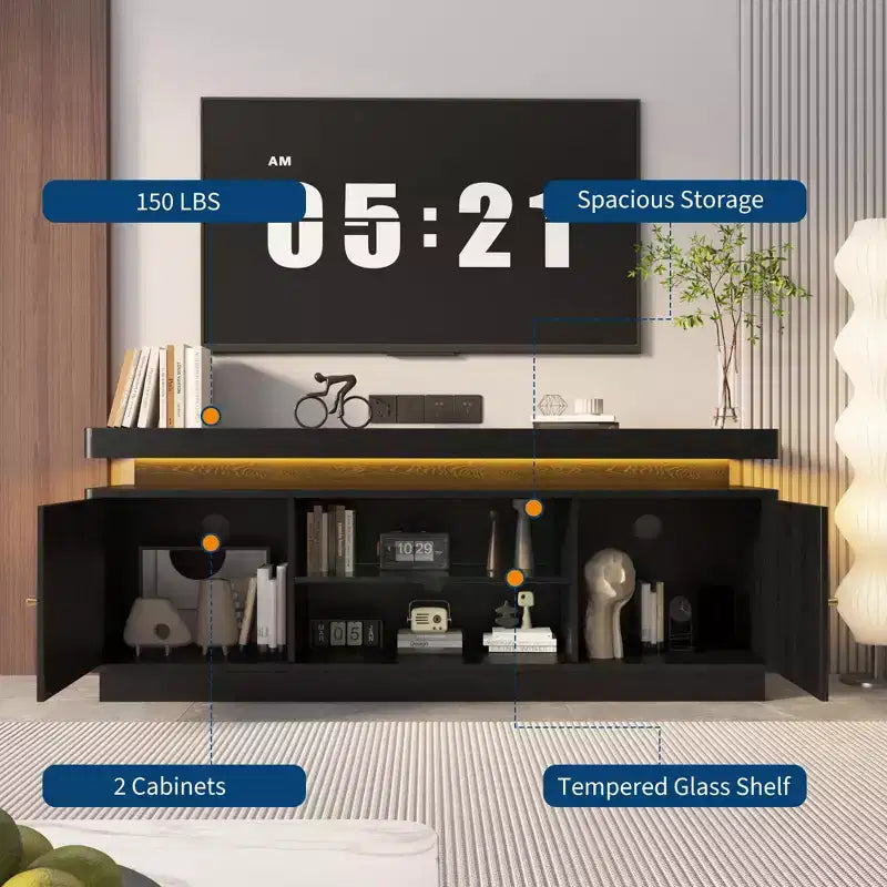 Mobile TV moderno per televisori fino a 65, mobile porta TV in legno da 63'' con ante contenitore, console multimediale per soggiorno o camera da letto