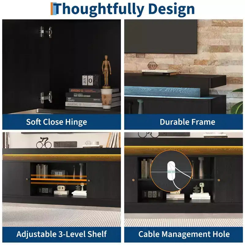 Mobile TV moderno per televisori fino a 65, mobile porta TV in legno da 63'' con ante contenitore, console multimediale per soggiorno o camera da letto