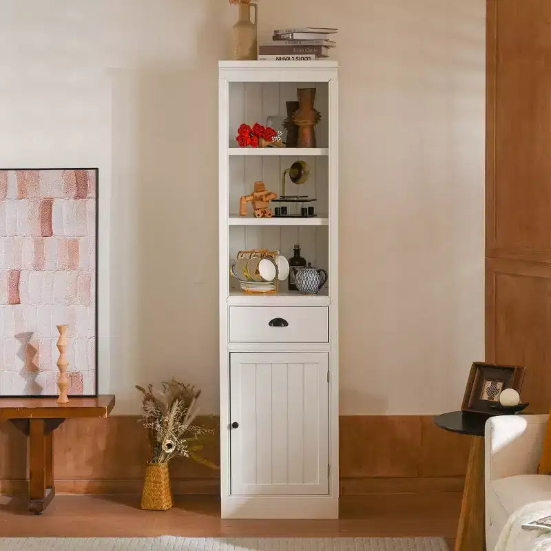 Organizer dispensa in legno di piccole dimensioni per cucina, libreria espositiva indipendente da 75in, libreria stile rustico per ingresso, soggiorno o ufficio domestico, bianca