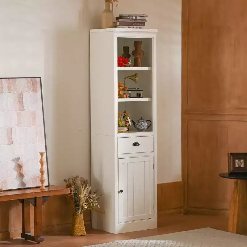 Organizer dispensa in legno di piccole dimensioni per cucina, libreria espositiva indipendente da 75in, libreria stile rustico per ingresso, soggiorno o ufficio domestico, bianca