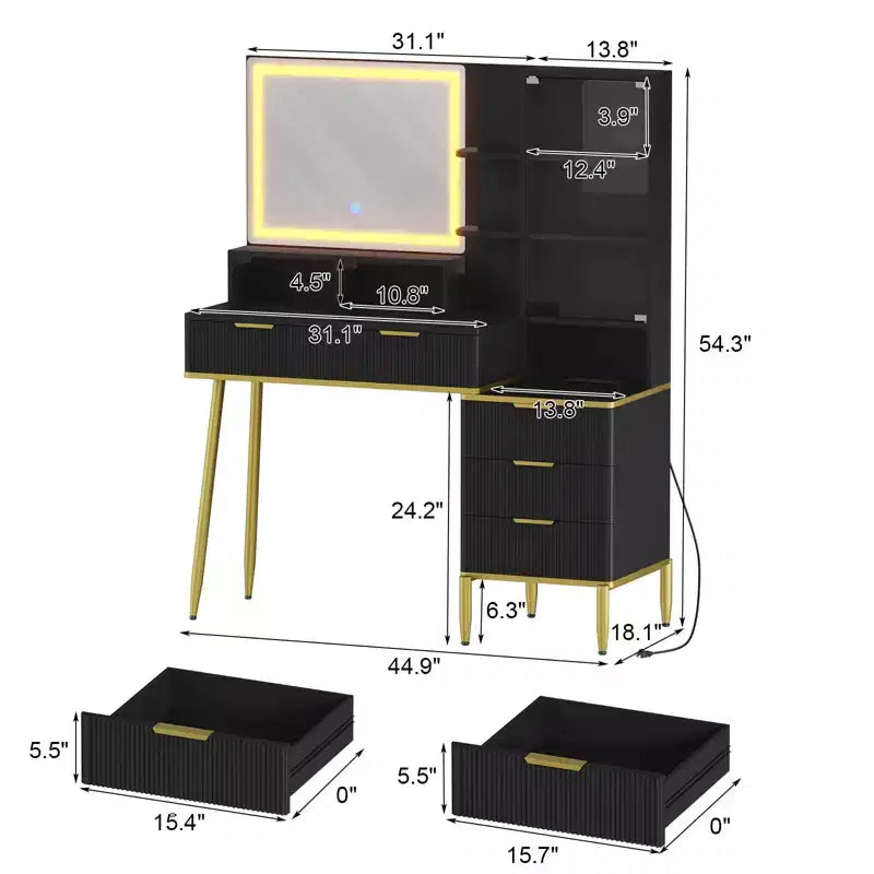 Toaletka z gniazdkiem elektrycznym, nowoczesna ryflowana toaletka ze szklanym blatem, akrylowymi drzwiczkami ochronnymi, 5 szufladami i półką, elegancki stolik do sypialni