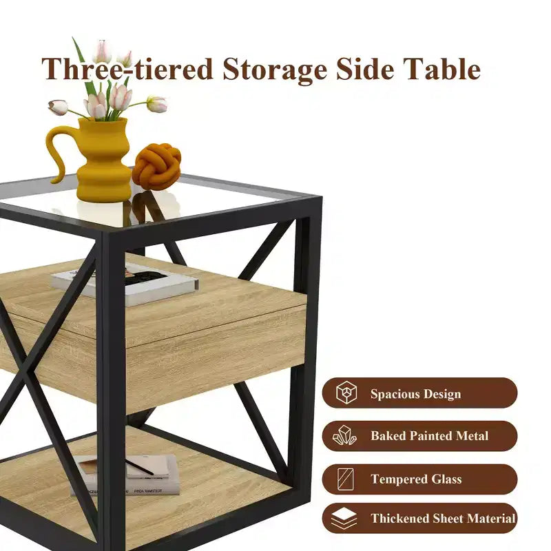 1 PC/2 PCS Industrial Nightstand with Tempered Glass Top & Drawer,End Table with X-Frame,Side Table for Living Room,Bedroom,Home Office