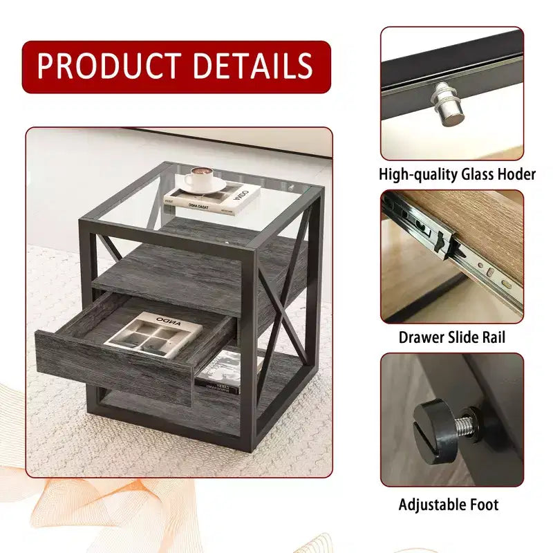 1 PC/2 PCS Industrial Nightstand with Tempered Glass Top & Drawer,End Table with X-Frame,Side Table for Living Room,Bedroom,Home Office
