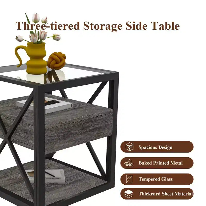 1 PC/2 PCS Industrial Nightstand with Tempered Glass Top & Drawer,End Table with X-Frame,Side Table for Living Room,Bedroom,Home Office