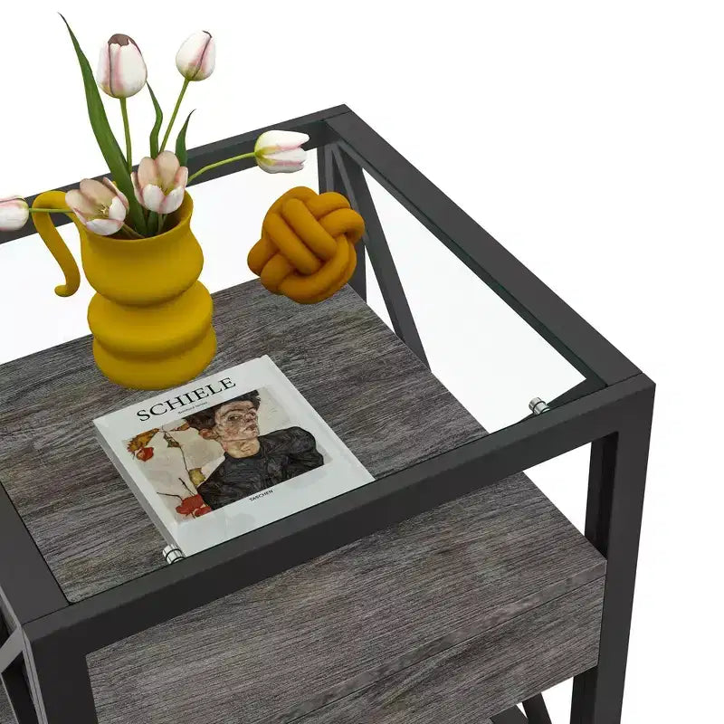 1 PC/2 PCS Industrial Nightstand with Tempered Glass Top & Drawer,End Table with X-Frame,Side Table for Living Room,Bedroom,Home Office