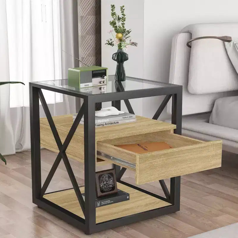 1 PC/2 PCS Industrial Nightstand with Tempered Glass Top & Drawer,End Table with X-Frame,Side Table for Living Room,Bedroom,Home Office