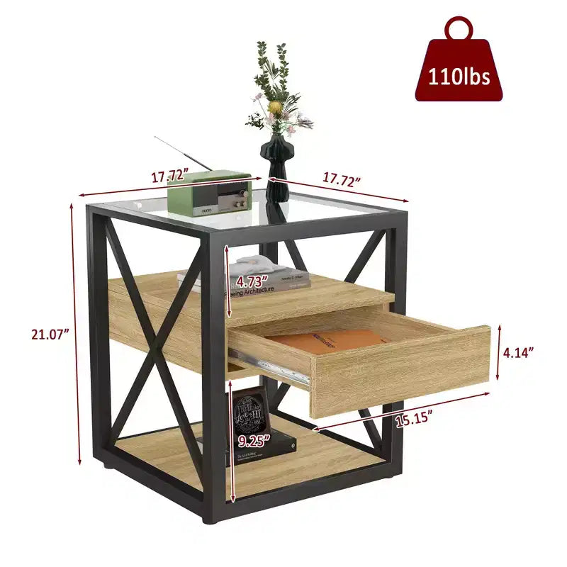 1 PC/2 PCS Industrial Nightstand with Tempered Glass Top & Drawer,End Table with X-Frame,Side Table for Living Room,Bedroom,Home Office