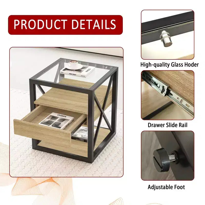 1 PC/2 PCS Industrial Nightstand with Tempered Glass Top & Drawer,End Table with X-Frame,Side Table for Living Room,Bedroom,Home Office