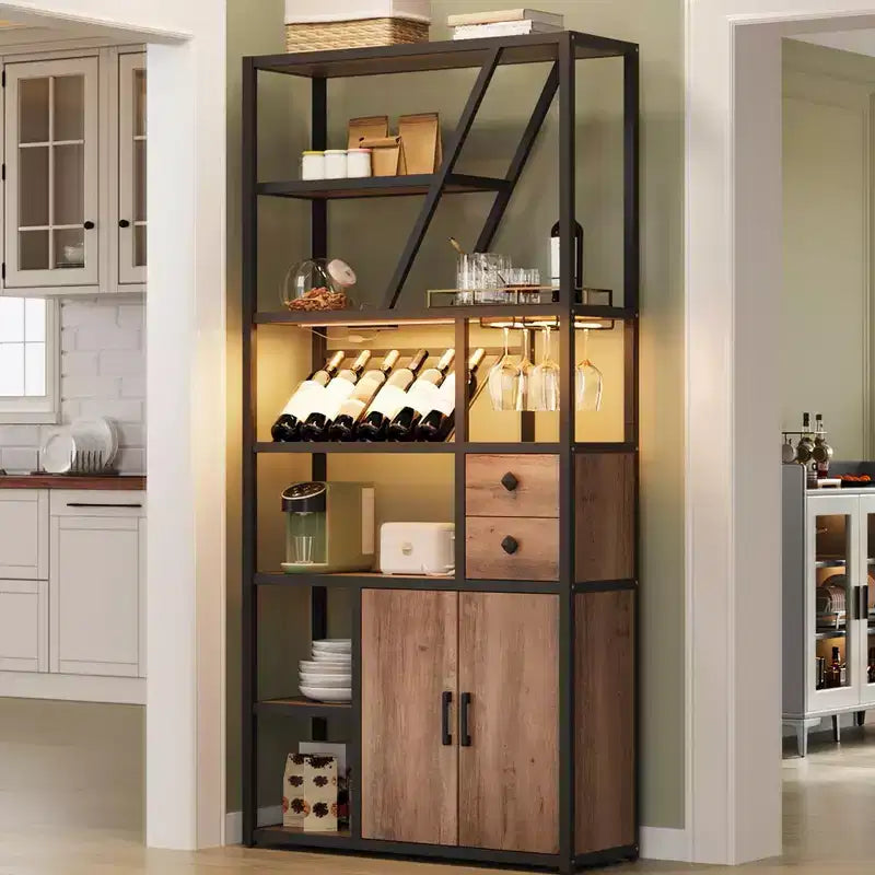 Mobile bar alto da 71 con luce LED, portabottiglie industriale con portabicchieri, mobile bar per liquori con ante, supporto per microonde e scaffale da forno