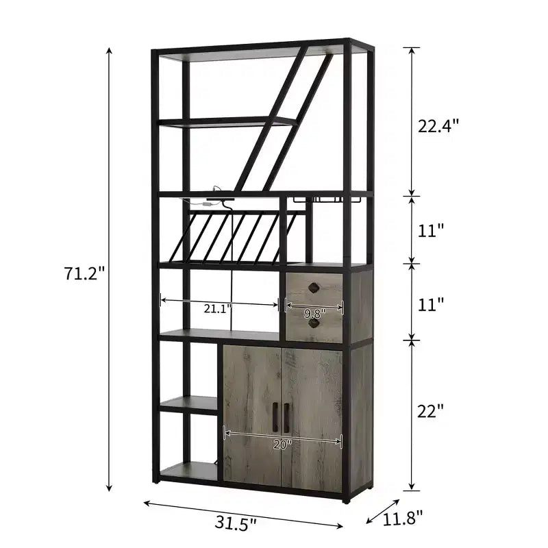 Mobile bar alto da 71 con luce LED, portabottiglie industriale con portabicchieri, mobile bar per liquori con ante, supporto per microonde e scaffale da forno