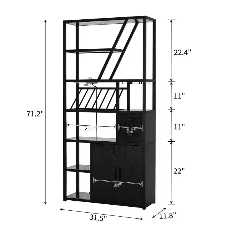 Mobile bar alto da 71 con luce LED, portabottiglie industriale con portabicchieri, mobile bar per liquori con ante, supporto per microonde e scaffale da forno